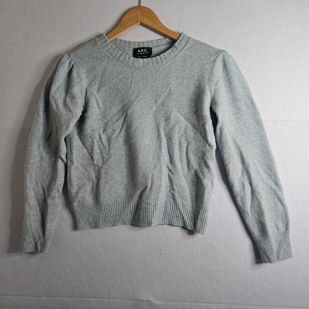 APC Rue Madame Paris Wool Cotton Crewneck Sweater Light Blue Puff Shoulder Small
